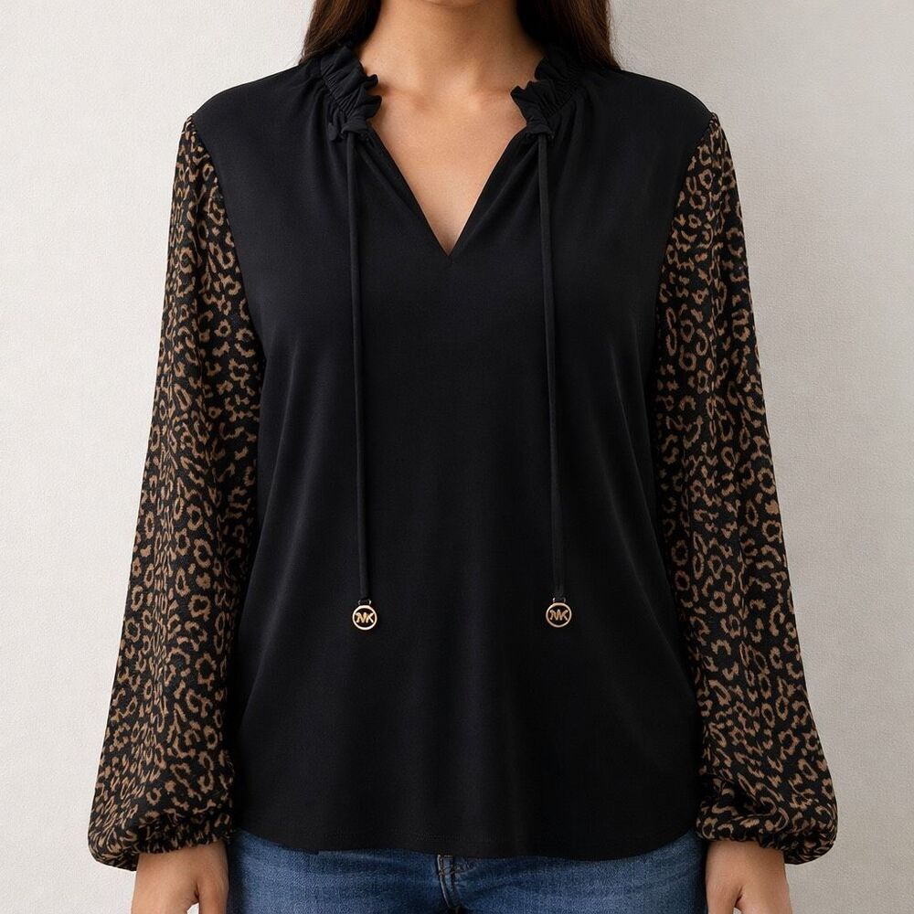 Michael Kors Ruffle Tie Neck Blouse Black Leopard Long Sleeve L NEW